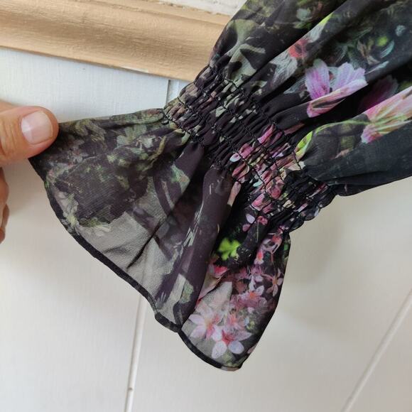 All Saints Cora Floral Top Pleated Blouse Sheer Black Ruffle Collar Neck Sz 4 - Picture 8 of 9